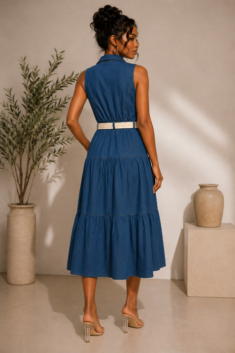 Denim Collar S/V Belted Dress