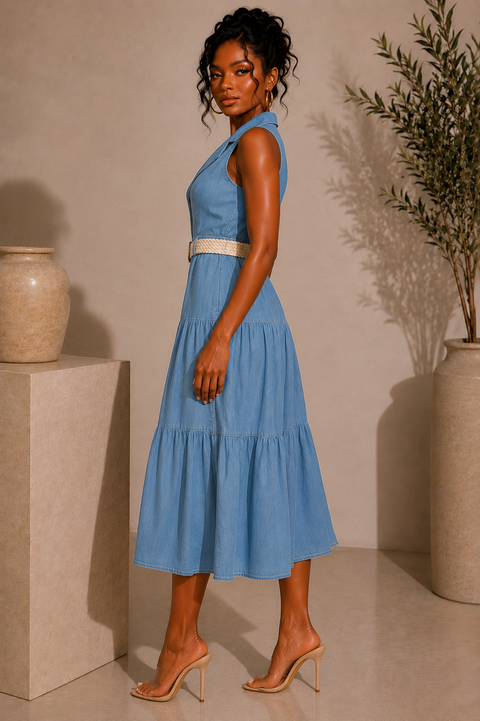 Denim Collar S/V Belted Dress