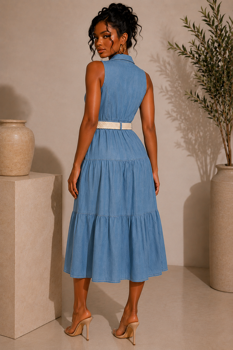 Denim Collar S/V Belted Dress