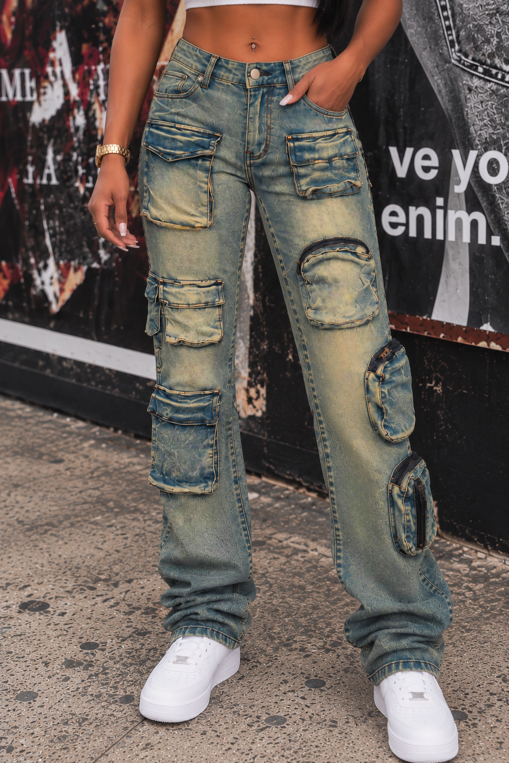 Washed Cargo Stacked Jeans