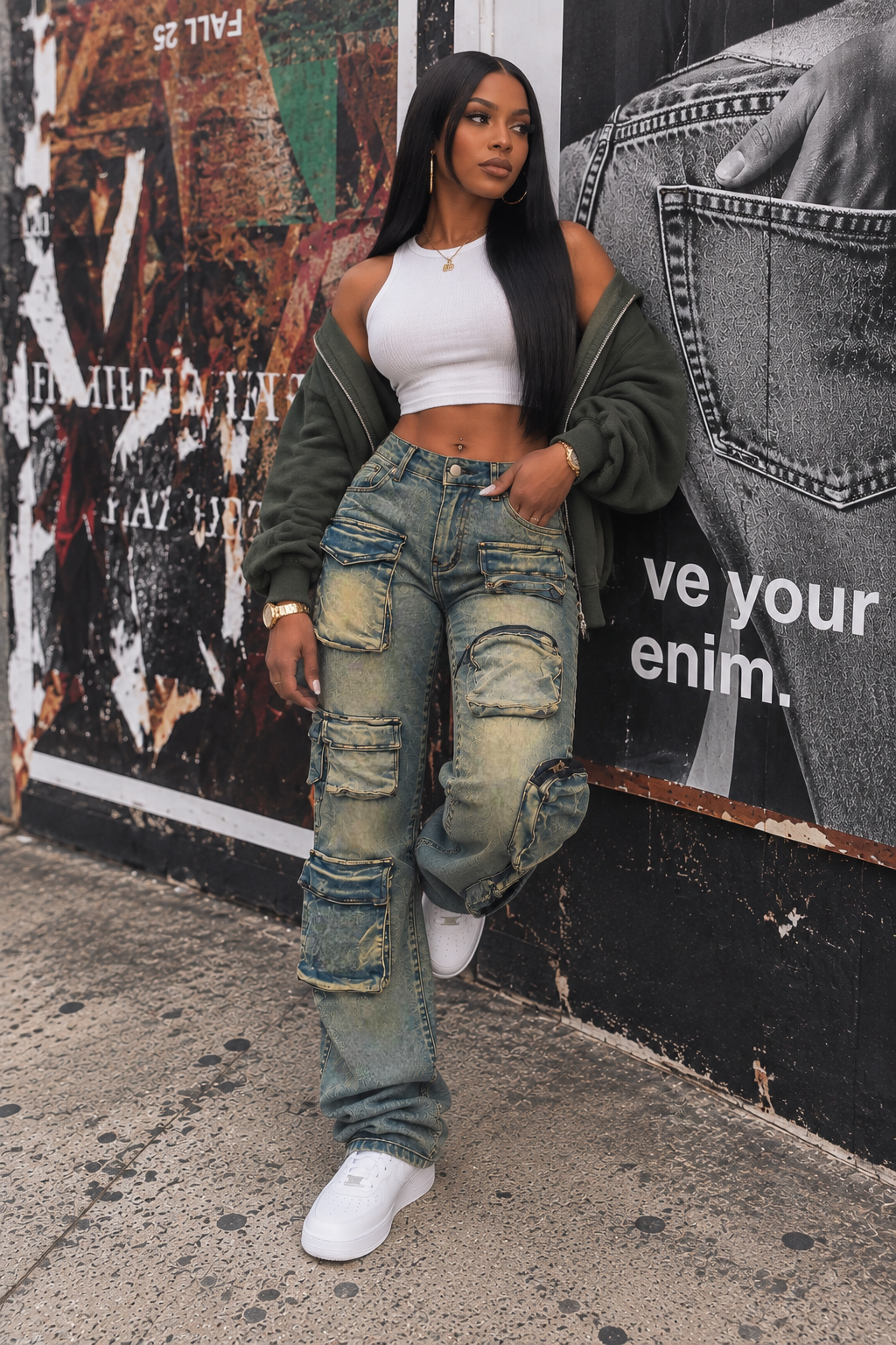 Washed Cargo Stacked Jeans