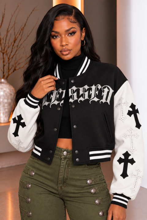 Faux PU Sleeve Varsity Jacket