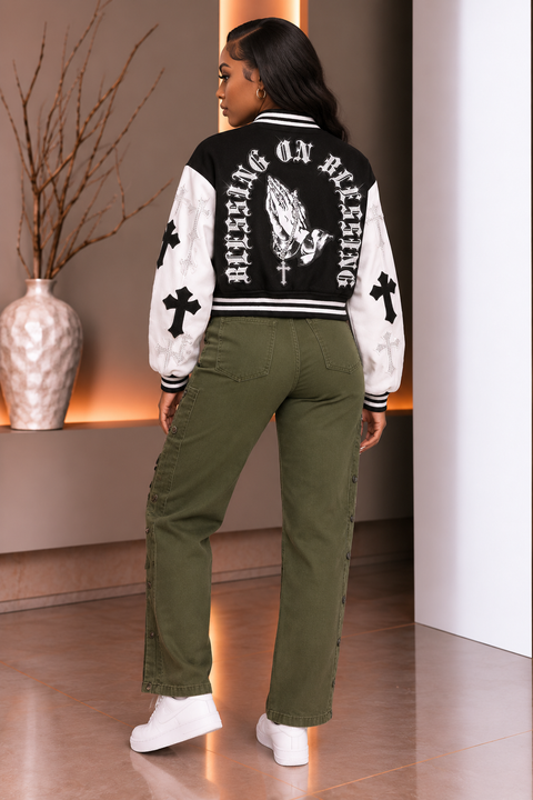 Faux PU Sleeve Varsity Jacket