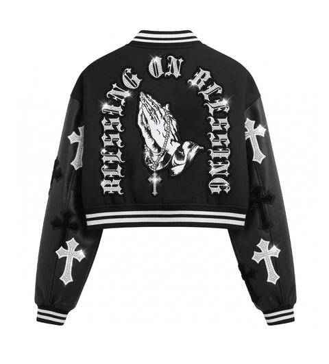 Faux PU Sleeve Varsity Jacket