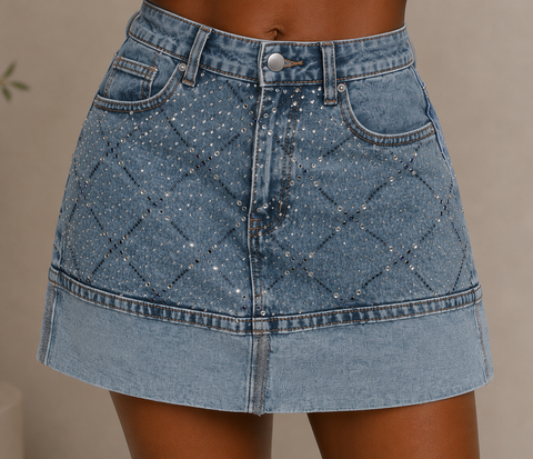 Half Rhinestone Denim Skirt