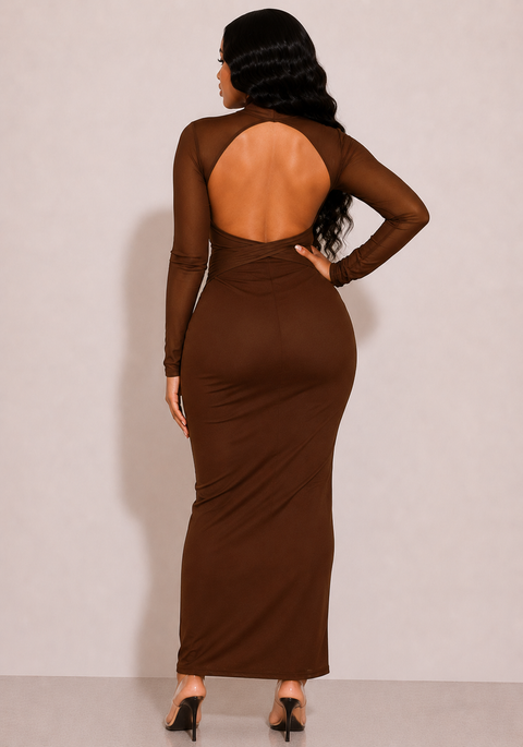 Mock Neck Open Back Mesh LS Dress