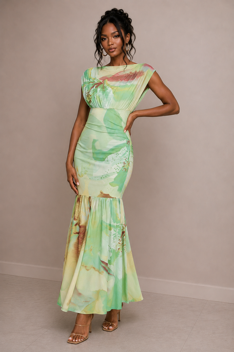 Printed Mesh Maxi Dress