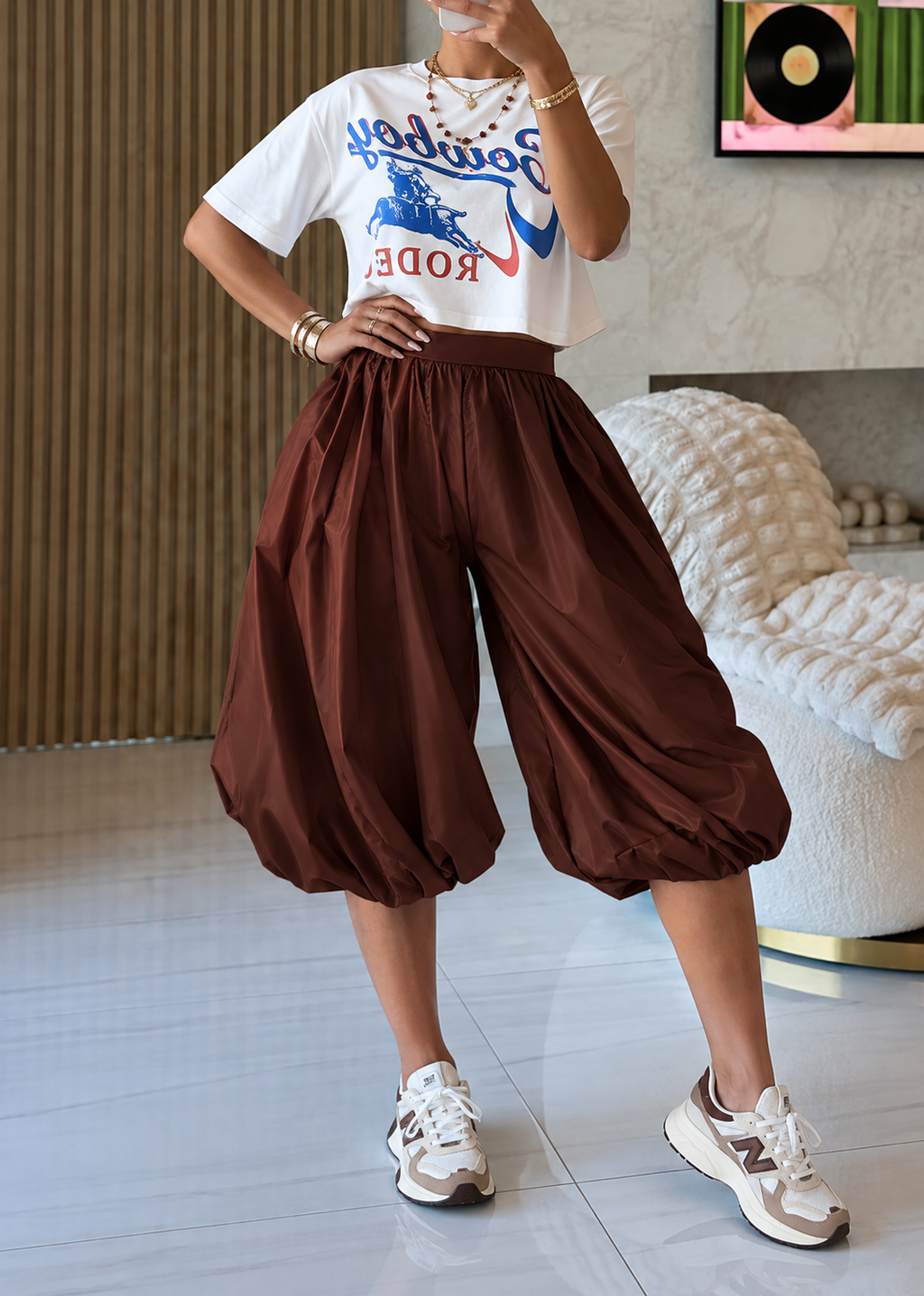 Faux Leather Wide Bubble Hem Capri Pants