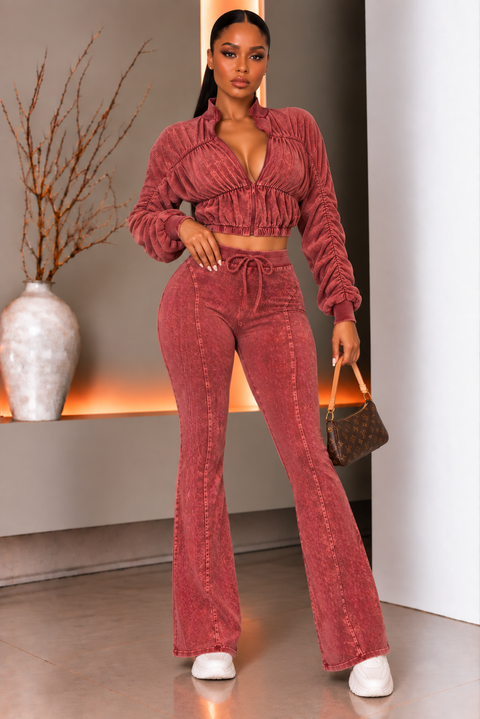 Washed Ruched Zip Up LS Top & Flare Pants Set