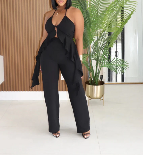Halter Ruffled Shirring Top & Pants Set