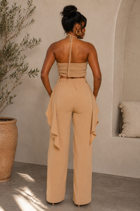 Halter Ruffled Shirring Top & Pants Set