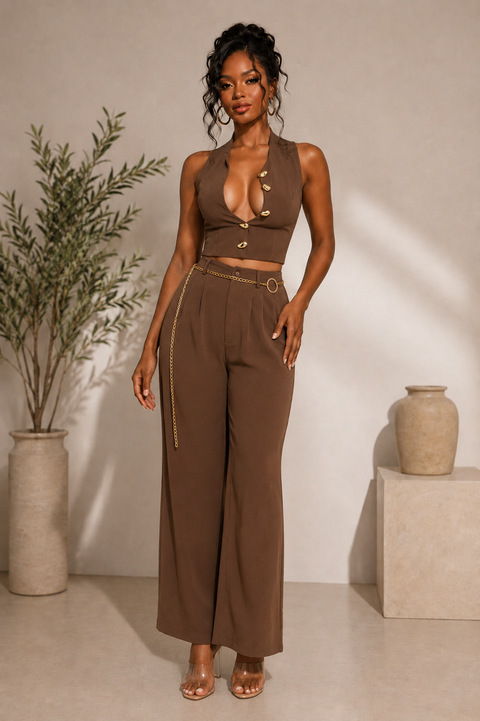 Gold Button Vest Top & Gold Belt Pants Set