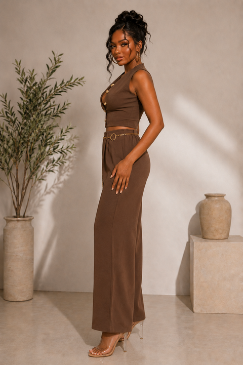 Gold Button Vest Top & Gold Belt Pants Set