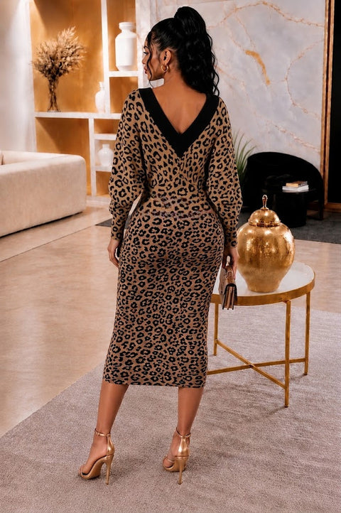 Print Deep V Sweater Dress