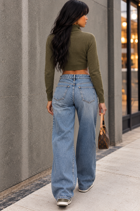 Mock Neck Knot Detail Knit Crop Sweater