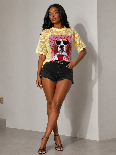 All Lace Dog Print T-Shirt