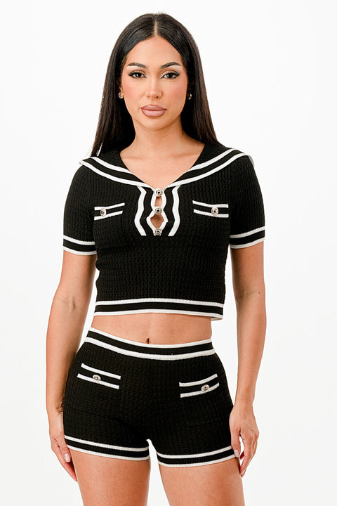 Knit Sailor Collar Top & Shorts Set