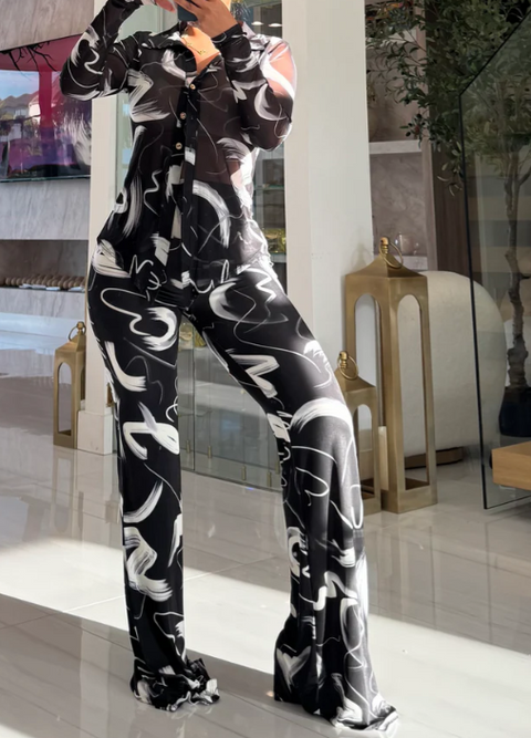 Mesh Print LS Top & Pants Set