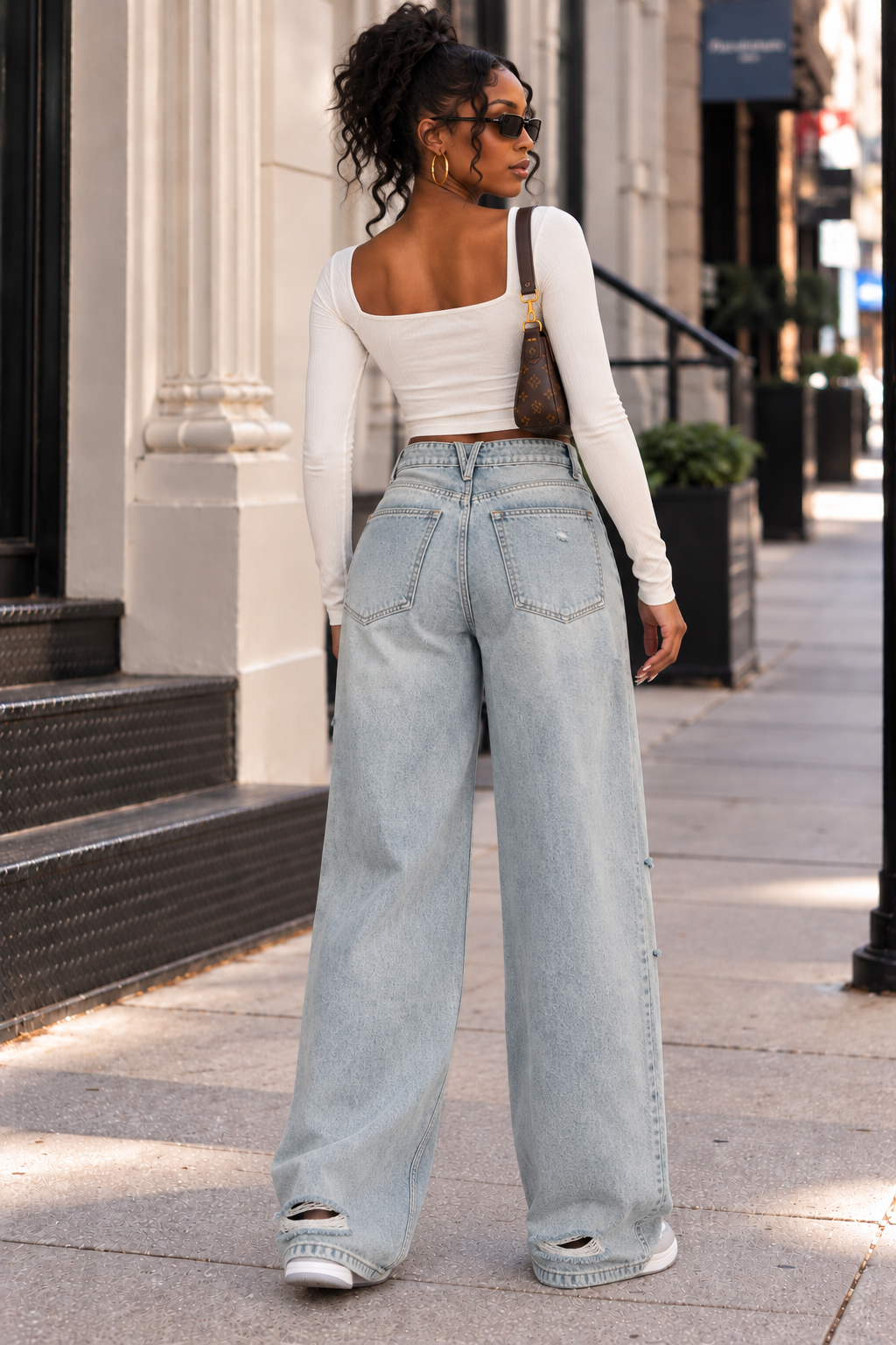 Folded Waist Distressed Baggy Jeans