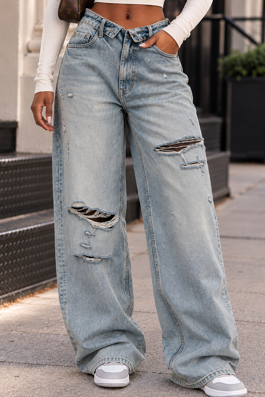 Folded Waist Distressed Baggy Jeans