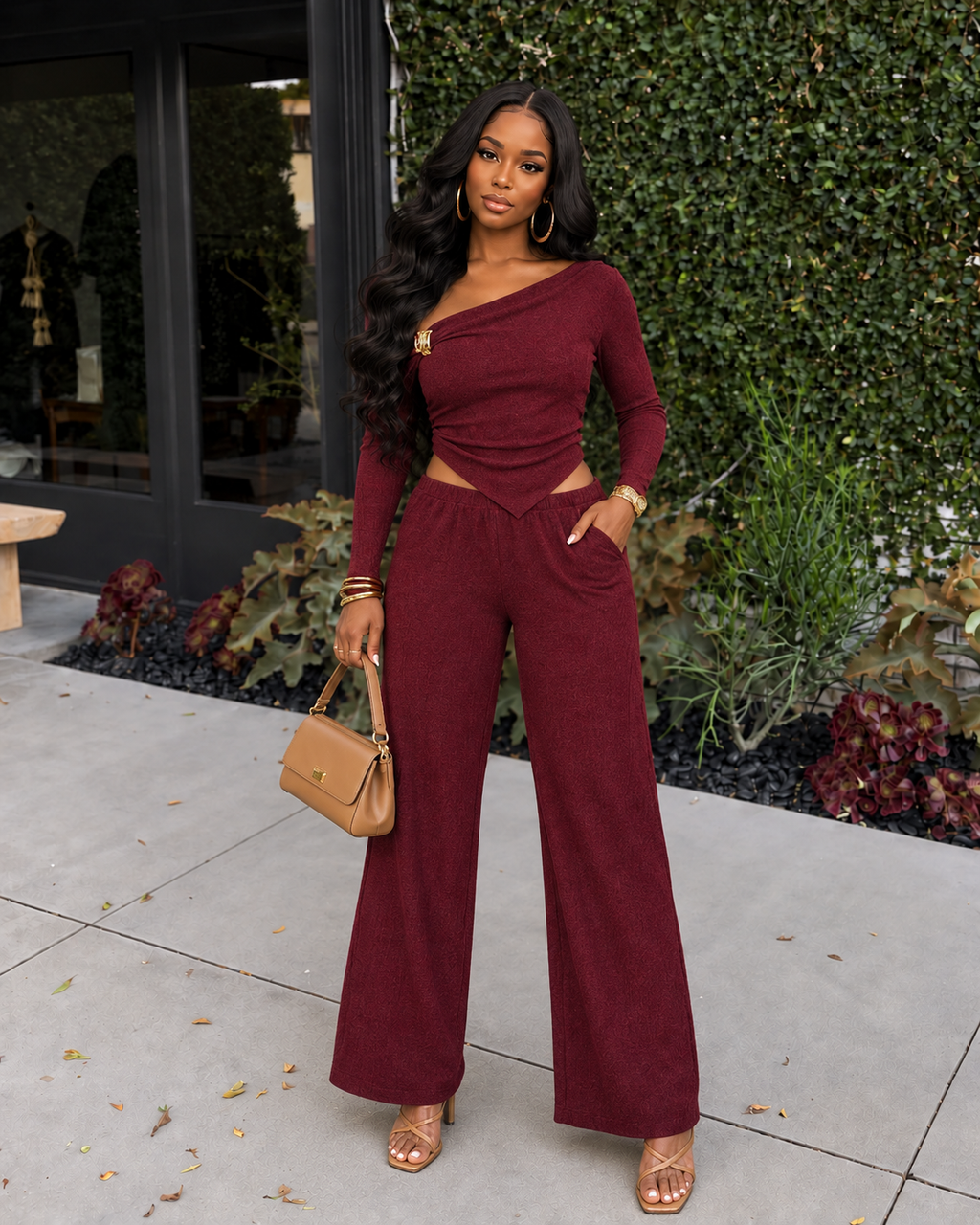 Wrinkle Gold Trim Top & Pants Set