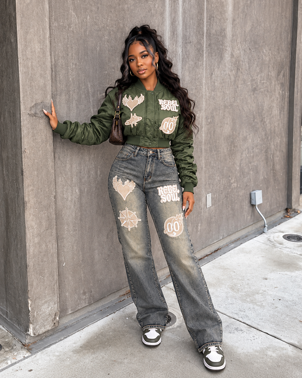 Patched Bomber Jacket & Jeans Set