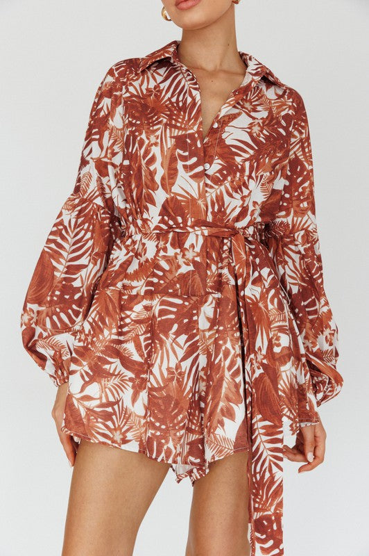 Leaves Print Puff Sleeved Romper