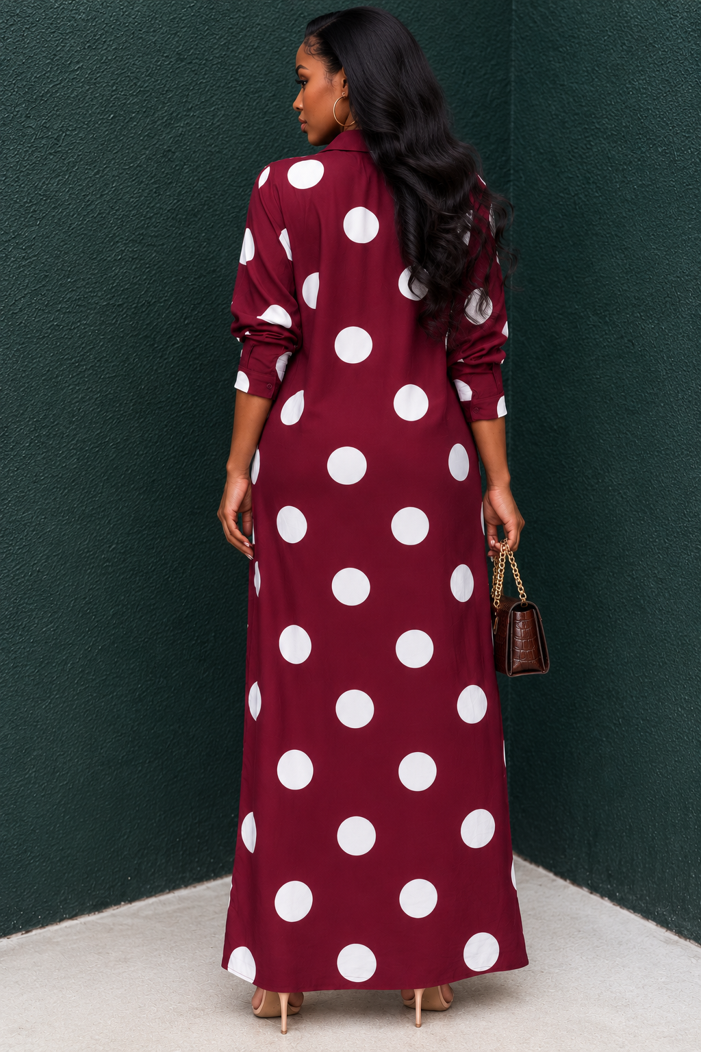 Polka Dot Shirt Pocket Maxi Dress