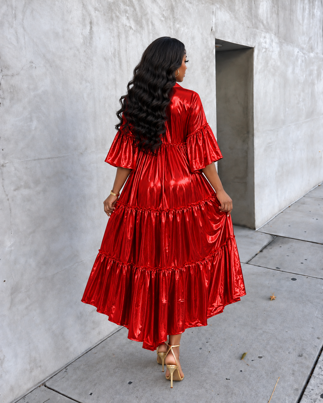 Foil Half Sleeve Colorblock Hi-Lo Dress