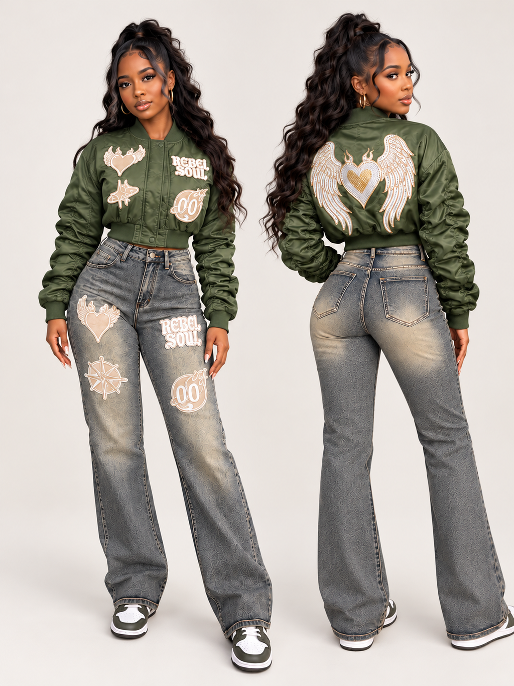 Patched Bomber Jacket & Jeans Set