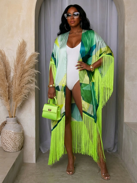 Printed Fringe Tube Cardigan